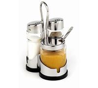 APS "Economic" pepe e sale, 3 pezzi con contenitore in acciaio inox Agitatore per sale, contenitore in vetro trasparente con coperchio in acciaio inox e tappo a vite, terzo contenitore in vetro per la senape, 8 x 8,5 cm, alto 13 cm