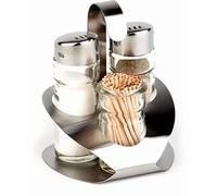 APS 3 pezzi Menage - Pro di circa 9,2 x 8,5 cm, altezza 11,5 cm, Acciaio Inox, sale, pepe, Stuzzicadenti di Menage, sale/pepe Saliera in vetro con coperchio in acciaio inox