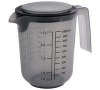 APS 30072 - Bicchiere graduato con coperchio per liquidi (l/ml), zucchero (g) e farina (g), volume 1 litro, diametro 12,5 cm, altezza 16 cm, lavabile in lavastoviglie, grigio french