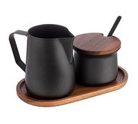 APS 634 - Set da 5 pezzi per latte e zucchero, in legno di acacia, in acciaio inox rivestito in PTFE, colore: Nero