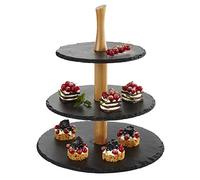 APS etagere a 3 livelli, piatti in ardesia, Ø 30 cm, Ø 25 cm, Ø 20 cm, H:34 cm, legno di acacia