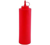 APS - Flacone comprimibile rosso. Dimensioni approssimative: Diametro: 7 cm. Altezza: 24 cm. Capacità: 700 ml. In polietilene, con tappo a vite, lavabile in lavastoviglie.
