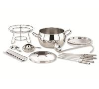 APS Set di ciotole per fonduta e pinze da fuoco, coperchio in acciaio inox lucidato a specchio, telaio cromato, mestolo, per circa 2,2 litri di liquido, Ø22 cm, altezza 23 cm