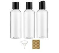Apstaqeoo 3 bottiglie di plastica da 200 ml con tappo a disco, vuote, da spremere, trasparenti, ricaricabili, con 1 imbuto e 6 etichette, per liquidi, lozioni, shampoo, articoli da toeletta cosmetici
