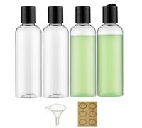 Apstaqeoo 4 bottiglie di plastica da 150 ml con tappo a disco, vuote, da spremere, trasparenti, ricaricabili, con imbuto ed etichetta, per liquidi, lozioni, shampoo, articoli da toeletta cosmetici