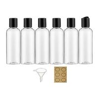Apstaqeoo 6 bottiglie di plastica da 100 ml con tappo a disco, vuote, da spremere, ricaricabili, con 1 imbuto, 6 etichette approvate TSA per lozioni liquide e articoli da toeletta (trasparente)