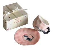 APVPOPOKGM Set di tazze e piattini in ceramica con simpatici cartoni animati, tazza da tè pomeridiano, tazza for la colazione quotidiana, con scatola regalo(Pink)