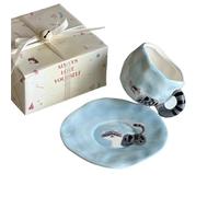 APVPOPOKGM Set di tazze e piattini in ceramica con simpatici cartoni animati, tazza da tè pomeridiano, tazza for la colazione quotidiana, con scatola regalo(Blue)