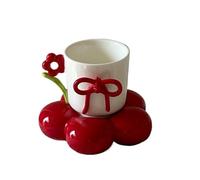 APVPOPOKGM Tazza e piatto in ceramica con fiocco tridimensionale, tazza da caffè con fiori, piattino, tazza da latte for la colazione in ufficio, con confezione regalo(Red)
