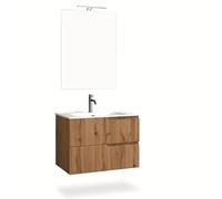 AQA DESIGN mobile bagno composizione 4 pezzi, mobile bagno con lavabo, base sospesa con frontali in MDF cannettato, set mobili bagno nr2 cassetti - Rovere miele - 81x46,5x190 cm