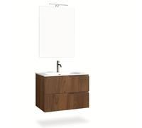 AQA DESIGN mobile bagno composizione 4 pezzi, mobile bagno con lavabo, base sospesa con frontali in MDF cannettato, set mobili bagno nr2 cassetti - Rovere - 61x46,5x190 cm