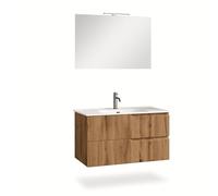 AQA DESIGN mobile bagno composizione 4 pezzi, mobile bagno con lavabo, base sospesa con frontali in MDF cannettato, set mobili bagno nr2 cassetti - Rovere miele - 101x46,5x190 cm
