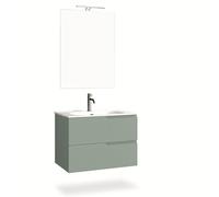 AQA DESIGN Mobile Bagno VENERE in MDF Cannettato, 4 Pezzi, Base Sospesa 80 cm con 2 Cassetti Soft Close, Lavabo in Ceramica, Specchio e Lampada LED, Made in Italy (Verde salvia)