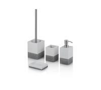 AQA DESIGN Set accessori bagno 4 pezzi RABAT in resina bianca e grigio effetto marmo, con dispenser sapone liquido, portaspazzolino, portasapone e portascopino. Design minimalista e Alta qualità