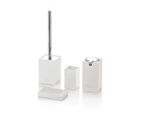 AQA DESIGN Set accessori bagno completo 4 pezzi DOHA in resina banca e ABS. Dispenser sapone liquido, portaspazzolino, portasapone e portascopino. Design minimalista Alta qualità