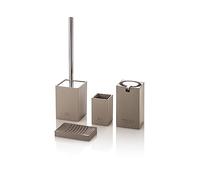 AQA DESIGN Set accessori bagno completo 4 pezzi DOHA in resina tortora e ABS. Dispenser sapone liquido, portaspazzolino, portasapone e portascopino. Design minimalista Alta qualità