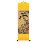 AQCDPJYU Dipinto cinese a rotolo con due leoni, arazzo da parete in seta dipinto a mano, arte orientale del Feng Shui, decorazione regalo di compleanno(Yellow,50L x 158W cm)