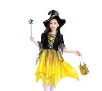 AQDJWHM Vestito Strega Bambina, Vestito Halloween Bambina, Abito da Strega Glamour per Bambinas Set, con Cappello, Bacchetta Magica e Sacchetto di Caramelle, per Halloween Carnevale Cosplay (140)