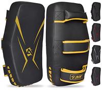 AQF Thai Pad per Kickboxing Muay Thai Impugnatura Solida, Maya Hide Pelle Curved Strike Shield per Boxe MMA Arti Marziali Taekwondo, Allenamento Combattimento Gomiti Calci Pugni (Coppia, Oro)