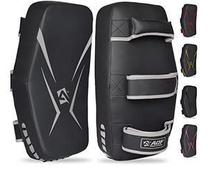 AQF Thai Pad per Kickboxing Muay Thai Impugnatura Solida, Maya Hide Pelle Curved Strike Shield per Boxe MMA Arti Marziali Taekwondo, Allenamento Combattimento Gomiti Calci Pugni (Coppia, Argento)