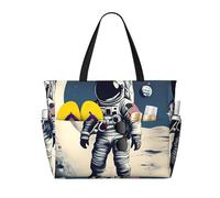 AQHNBM Grande borsa da spiaggia impermeabile con stampa astronauta sulla luna per le donne borsa tote a prova di sabbia con cerniera per viaggi vacanze piscina