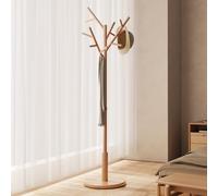 AQIMUELE Attaccapanni, Appendiabiti da Terra in Legno, 12 Ganci, 3 Altezze, per Cappotti, Cappelli e Borse, per Ingresso, Ganci e Palo in Legno di Gomma, Design ad Albero, Naturale