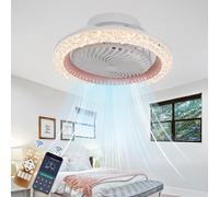 AQLEDY Silenzioso Ventola Soffitto con Luce e Telecomando Rotante a 360°, Cristallo Lampada Ventilatore 6 Velocità Reversibile, Dimmerabile Plafoniera con Ventilatore con Timer per Cameretta-Pink