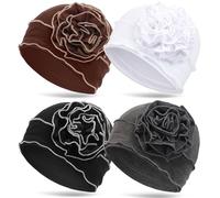 AQOKKA Chemo Turbanti Copricapo per le donne con fiore per malati di cancro copertura africana dei capelli Beanie Headwraps cappello perdita di capelli, 4 cappelli a forma di fiore: caffè, bianco,