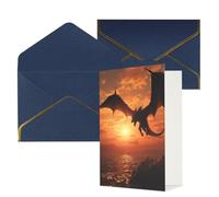 AQRJKHD Biglietto di ringraziamento con drago volante al tramonto sul mare, con buste, biglietti di auguri di buon compleanno per donne e uomini, biglietti vuoti per tutte le occasioni, biglietti di