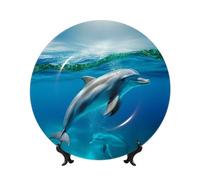 AQRJKHD Piatto decorativo in porcellana Bone China da 15,2 cm con delfino che nuota nel mare blu, piatti piani in ceramica con espositore ornamenti in ceramica piatto in porcellana artistica per casa