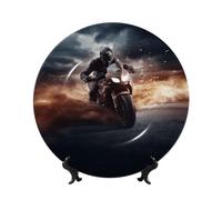 AQRJKHD Piatto decorativo in porcellana Bone China da 17,8 cm con uomo che guida una moto, piatti piani in ceramica con espositore ornamenti in ceramica piatto in porcellana artistica per casa ufficio