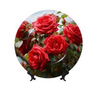 AQRJKHD Piatto decorativo in porcellana Bone China da 25,4 cm, con rose rosse, cespuglio in giardino, piatti piani in ceramica con espositore ornamenti in ceramica piatto in porcellana artistica per