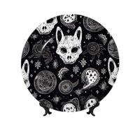 AQRJKHD Piatto decorativo in porcellana Bone China da 25,4 cm, con teschio, gatto, luna, gotico, piatti piani in ceramica con espositore, ornamenti in ceramica, piatto in porcellana artistica per casa