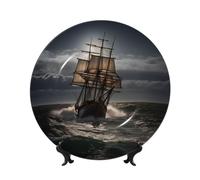 AQRJKHD Piatto decorativo in porcellana da 7 pollici con nave a vela in tempesta Piatti da pranzo in ceramica con espositore Ornamenti in ceramica Piatto di porcellana artistica per la casa ufficio