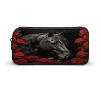 AQRJLPM Black Horse on A Background of Red Roses Pencil Pouch Grande Capacità Semplice Marcatore Sacchetto Portatile Estetica Cerniera Astuccio