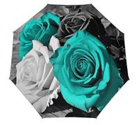 AQRJLPM Ombrello antivento con fiori di rosa, colore nero, bianco, foglia di tè, grigio, protezione UV, ombrello aperto automatico, con telaio resistente, leggero e durevole, ombrello da viaggio
