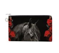 AQRJLPM Portafogli in tela con cavallo nero su sfondo di rose rosse, sottile e leggero, resistente con cerniera, per uomini e donne