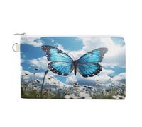 AQRJLPM Portafoglio blu con farfalle e nuvole, in tela, sottile, leggero, resistente, con cerniera, per uomini e donne