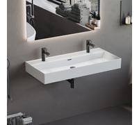 Aqua Bagno lavabo doppio 100 cm bianco - lavabo rettangolare in ceramica con due fori per rubinetto, montaggio a parete o su mobile bagno, design moderno, superficie resistente e facile da pulire