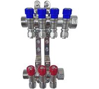 AQUA HEATING Set Collettore Acqua Riscaldamento PEX 1” x 16 mm Distributore D'Acqua In Ottone Nichelato Con Mini Valvole Integrate Fascio Distributore Blu 4 Circuiti Rosso 3 Circuiti H2541B4R3