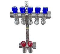 AQUA HEATING Set Collettore Acqua Riscaldamento PEX 1” x 16 mm Distributore D'Acqua In Ottone Nichelato Con Mini Valvole Integrate Fascio Distributore Blu 5 Circuiti Rosso 2 Circuiti H2541B5R2