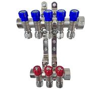 AQUA HEATING Set Collettore Acqua Riscaldamento PEX 1” x 16 mm Distributore D'Acqua In Ottone Nichelato Con Mini Valvole Integrate Fascio Distributore Blu 5 Circuiti Rosso 3 Circuiti H2541B5R3