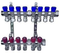 AQUA HEATING Set Collettore Acqua Riscaldamento PEX 1” x 16 mm Distributore D'Acqua In Ottone Nichelato Con Mini Valvole Integrate Fascio Distributore Blu 8 Circuiti Rosso 6 Circuiti H2541B8R6