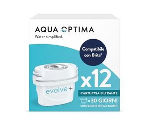 Aqua Optima Evolve+ 12 Filtri Acqua - Riduce Calcare, Compatibile con Brita | Compatibile con Maxtra, Maxtr e PerfectFit, riduce cloro, microplastiche e piombo, 12 cartucce filtranti = 360 giorni