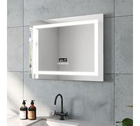 AQUABATOS Brussels, specchio da bagno con illuminazione, 80 x 60 cm, orologio Bluetooth, interruttore touch, dimmerabile, bianco freddo, bianco neutro, bianco caldo, regolabile, anti-appannamento