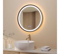 AQUABATOS Specchio da bagno con illuminazione rotondo 60 cm in cornice in alluminio design obliquo nero opaco illuminazione LED diretta e indiretta antiappannamento interruttore touch dimmerabile con