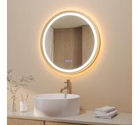 AQUABATOS Specchio da bagno con illuminazione, rotondo, 60 cm, telaio in alluminio, design obliquo, oro spazzolato, illuminazione LED diretta e indiretta, antiappannamento, interruttore touch