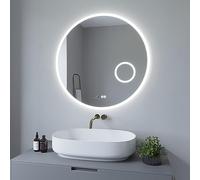 AQUABATOS® Specchio da bagno con illuminazione, rotondo, 80 cm, LED per il trucco, da parete, per il bagno, dimmerabile, touch per interruttore da parete, bianco freddo, 6400 K, riscaldamento a