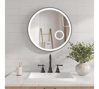 AQUABATOS - Specchio da bagno con illuminazione, rotondo, nero opaco, 60 cm, LED, specchio per il trucco, con orologio, specchio cosmetico, da parete, per bagno, regolabile, con interruttore touch