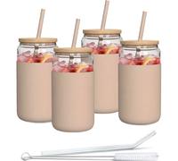 Aquafloow 4x Bicchiere con cannuccia e coperchio 500 ml | Bicchieri con rivestimento in silicone | Set di bicchieri con 2 cannucce e 1 bastoncino per la pulizia | Per tè, frullati, caffè - Beige